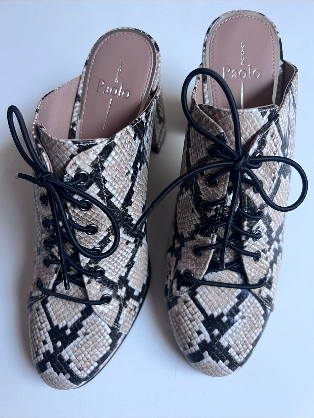 Paolo Beige Snake-Print Lace-Up Mules with Black Laces